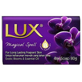 Lux - Magical Spell Soap 80g comes in purple packaging with purple flower images, featuring a long-lasting fragrance and essential oils—making it perfect to elevate your shower routine.